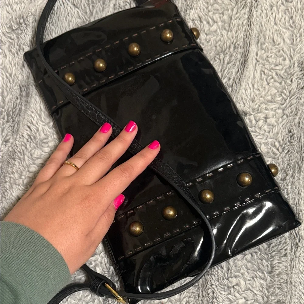 Glossy Black Crossbody Bag with Buckle Accents - Picture 5 of 5